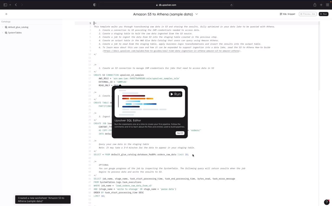 Upsolver SQLake Interface Walkthrough