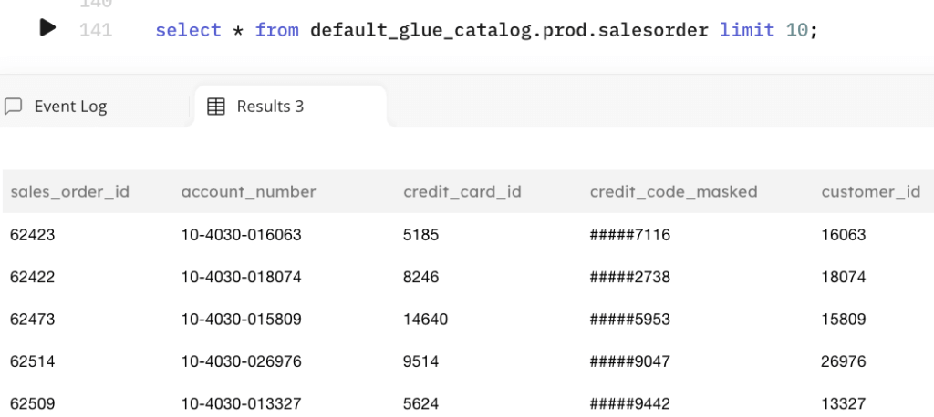 Results showing masked columns